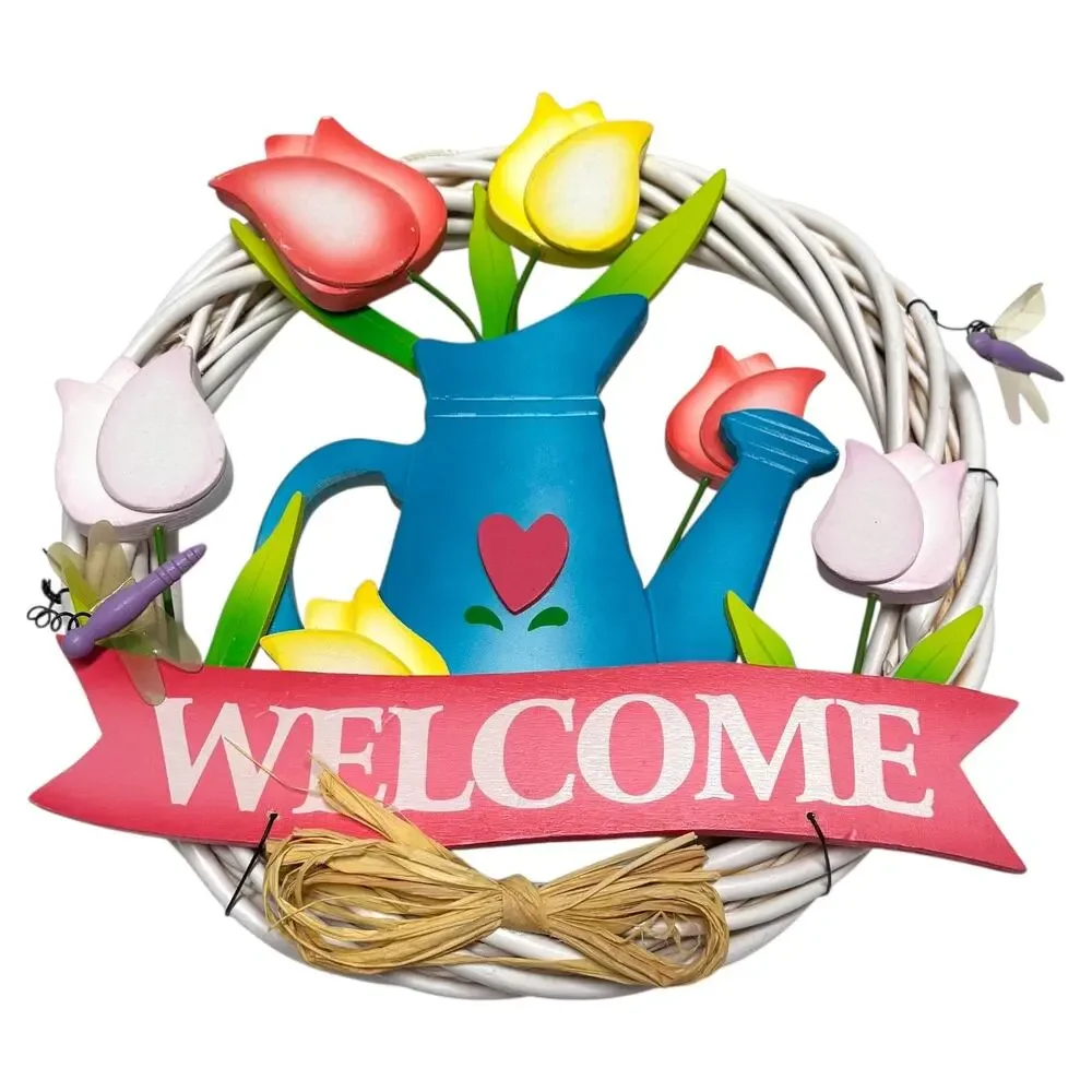 Welcome Wreath Door Hanger Tulip Pink Blue Yellow 12 inch
